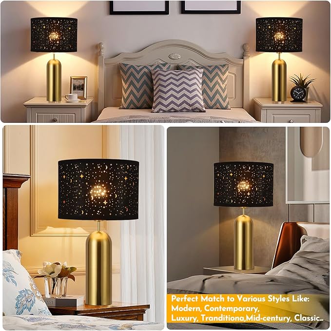 Touch Control Lamps Set of 2 Gold Table Lamps 3-Way Dimmable with USB A+C Ports Tall Modern End Table Lamps for Living Room Bedside Nightstand Bedroom Brass Lamp,Black Hallow Shade, 22“