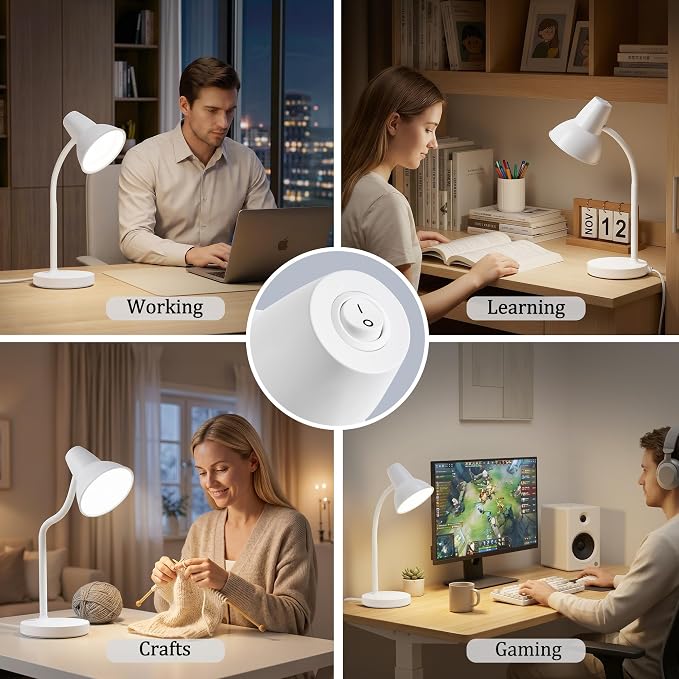 LED Desk Lamps for Home Office, Flexible Gooseneck Eye-Caring Study Lamps | Energy-Saving Desk Light, Anti-tip Heavy Duty Bedside Reading Light, Desk Lamps for College Dorm, Home Office, with 1.6m Cord