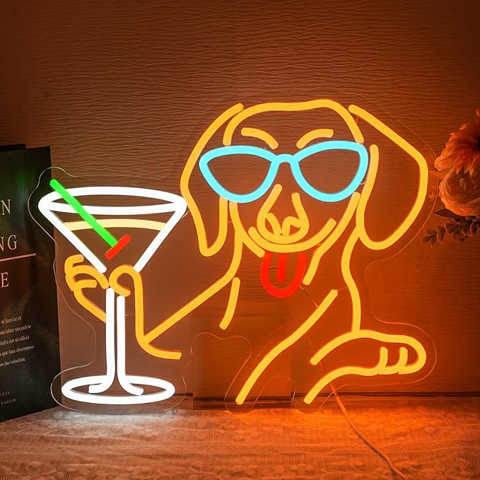 Dachshund Martini Neon Sign for Wall Decor Bar Neon Light Dog Drinking Martini Led Sign Animal Neon Light Signs for Bar Man Cave Pub Wine Cellar Decoration