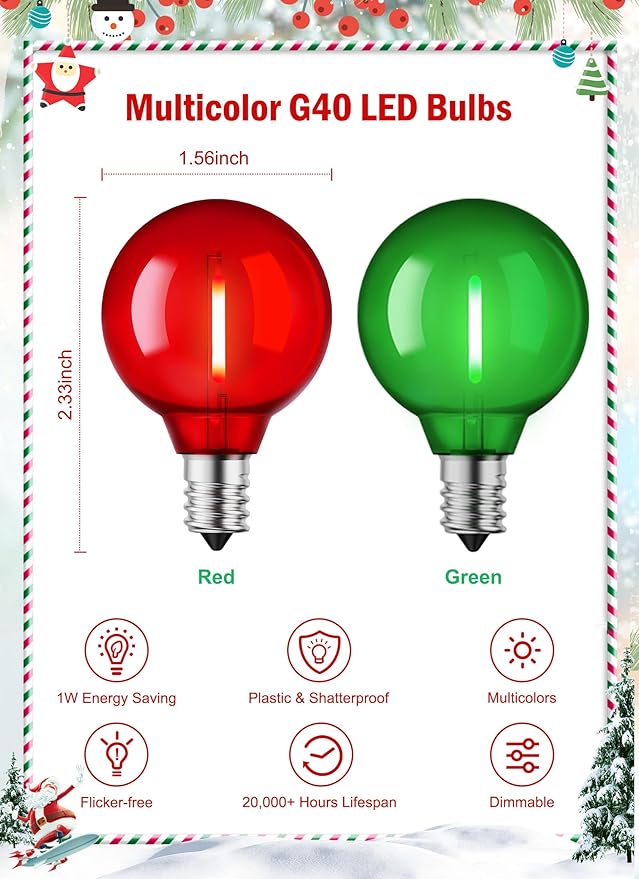 Brightown 25 Pack G40 LED Christmas Replacement Light Bulbs, UL Listed, 1 Watt E12/C7 Candelabra Base Plastic Shatterproof LED Globe Edison Bulbs, Easily Screw in Strings Spools Strands, Red & Green