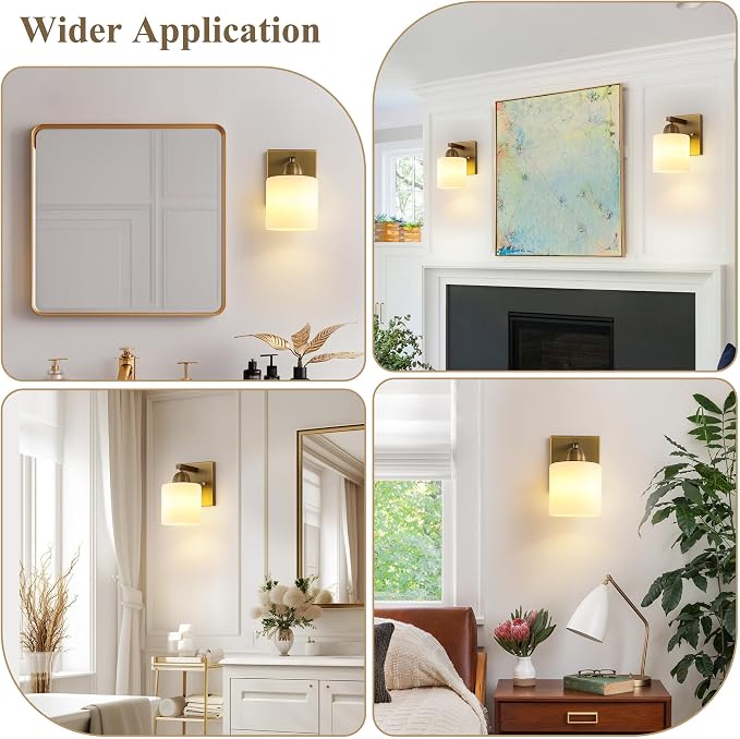 Mecgirn Brass Milk Glass Wall Sconces, 1 Pack Hardwired Indoor Wall Light Fixtures for Living Room, Hallway, Bedroom, Ceramic E26 Sockets (Bulbs Not Included)