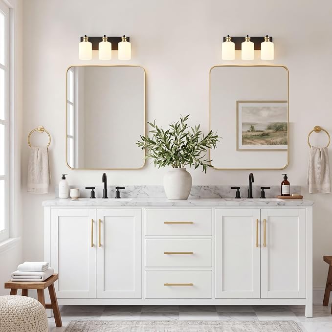 3-Light Bathroom Vanity Light, Black and Gold Vanity Lights for Bathroom | Bathroom Light Fixtures over Mirror with White Glass Shade, Modern Vanity Light Fixture, Wall Sconces Lighting, 16.5 Inch