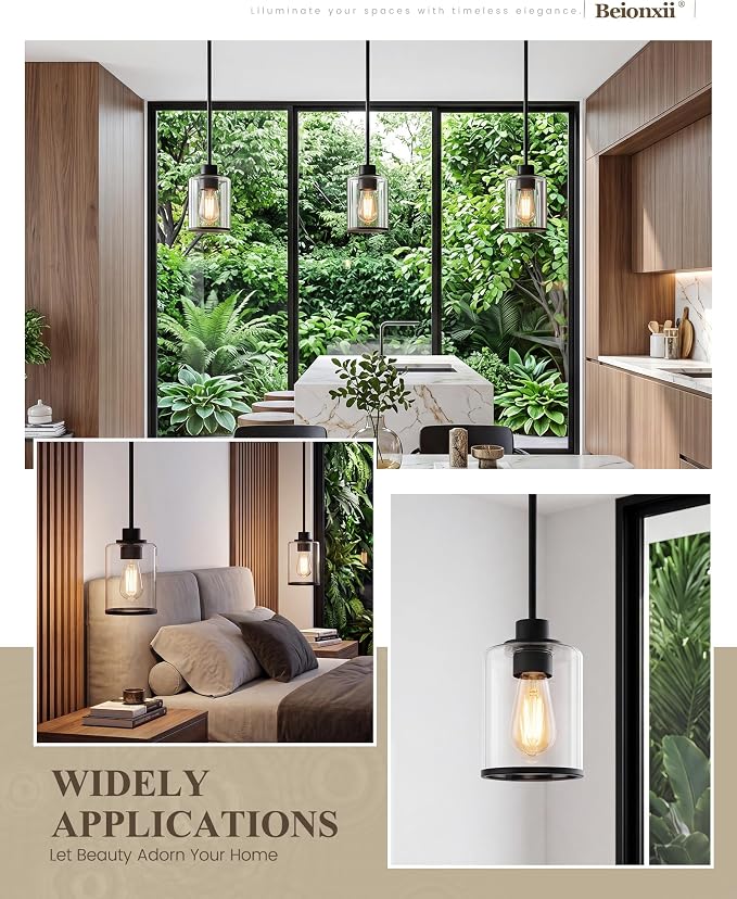 Beionxii Pendant Lights Kitchen Island, Oil Rubbed Bronze Hanging Light | Farmhouse Pendant Lighting, Hanging Pendant Light with Rods for Kitchen Island Dining Room Bedroom Entryway,BX-PL02ORB-CG+R