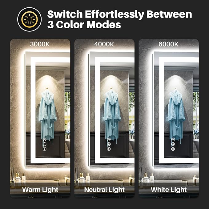24x36 Inch LED Bathroom Mirror with Lights, Backlit & Front Lit | Anti-fog, 3 Color Dimmable, Memory Function, HD Reflection Tempered Glass, ETL Listed, IP54 Waterproof