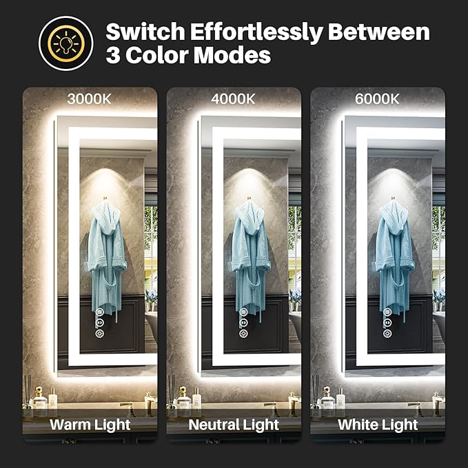 20x28 Inch LED Bathroom Mirror with Lights, Backlit & Front Lit | Anti-fog, 3 Color Dimmable, Memory Function, HD Reflection Tempered Glass, ETL Listed, IP54 Waterproof