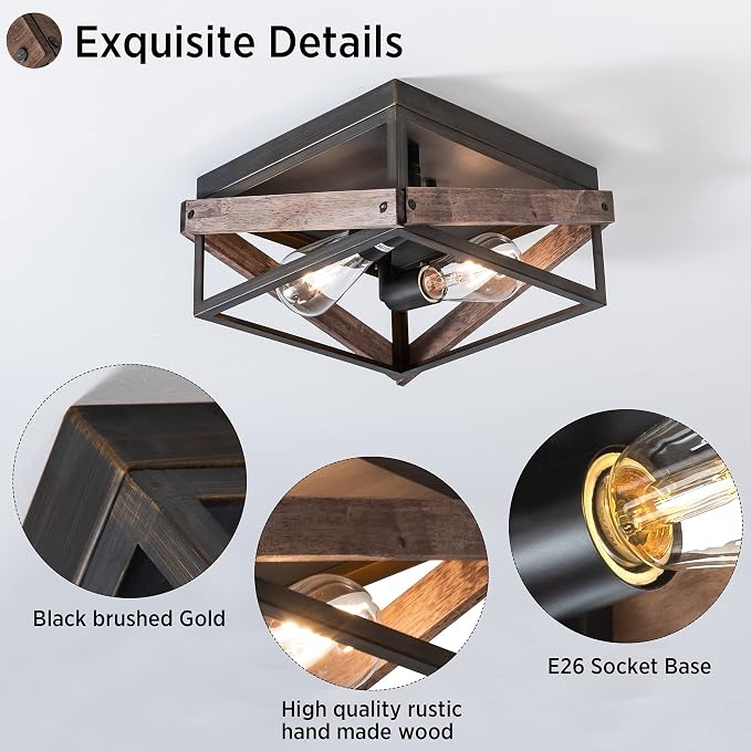 Mayful 2-Light Bronze Farmhouse Flush Mount Ceiling Light Fixturet, Rustic Hallway Light Fixtures with Wood & Metal Design, Industrial Close to Ceiling Light Fixtures for Kitchen Entryway Foyer