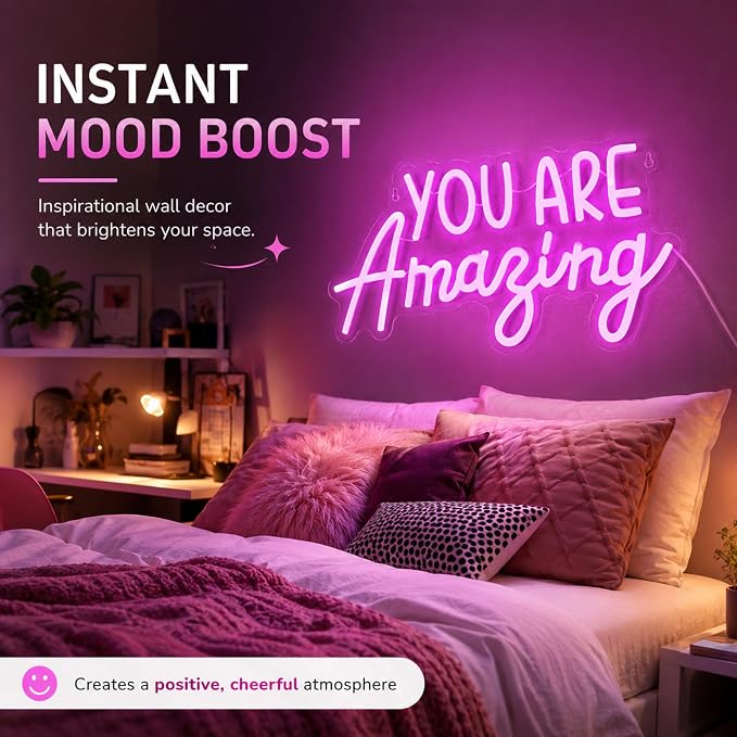 You Are Amazing Neon Sign Wall Decor | Neon Light Classroom Bedroom Decor, 15.8'' x 8.3'' LED Pink Light up USB Signs, Christmas Birthday Party Gifts