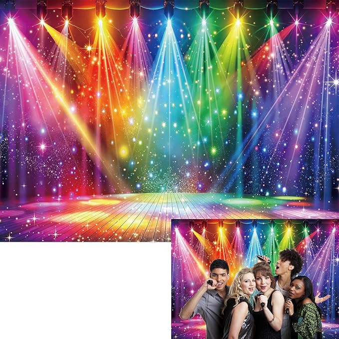 Disco Rainbow Stage Backdrop 70s 80s 90s Hippie Music Vintage Lights Photography Background Rock Music Colorful Neon Glow Party Decorations Photo Banner (8x6FT)