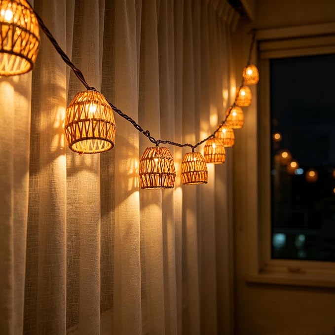 8.5FT Plug in Tiki Lantern String Lights,10 Boho Paper Rattan Lantern, Connectable Decorative String Lights Outdoor Indoor for Bedroom Patio Garden Pergola Porch Holiday Christmas