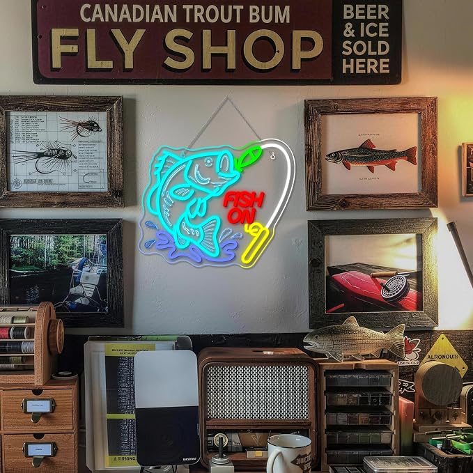 Fish On Neon Sign Dimmable Fish Neon Light for Wall Decor LED USB Powered Fishing Hook Lights for Bedroom Living Room Man Cave Yacht Fishing Art Decor fot Teens Boy Men Gifts