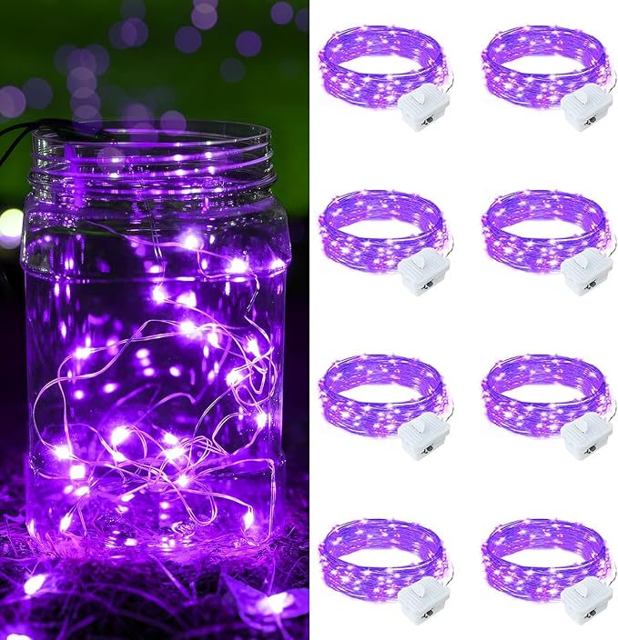 8 Pack Purple Fairy Lights Battery Operated, 7ft 20 LED Mini String Twinkle Lights for Easter Christmas Halloween Mason Jars Centerpiece Table Decorations (8, Purple)