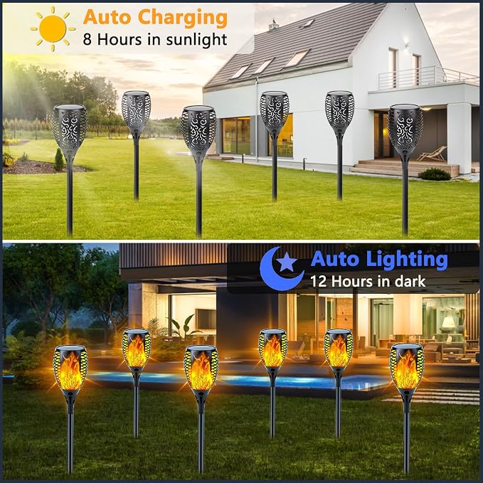 Solar Torch Lights with Flickering Flame Larger Size Solar Flame Lights | 4 Pack Upgraded Solar Lights Outdoor for Halloween Decor, Waterproof Solar Tiki Torches Outdoor for Garden Yard Pathway Patio