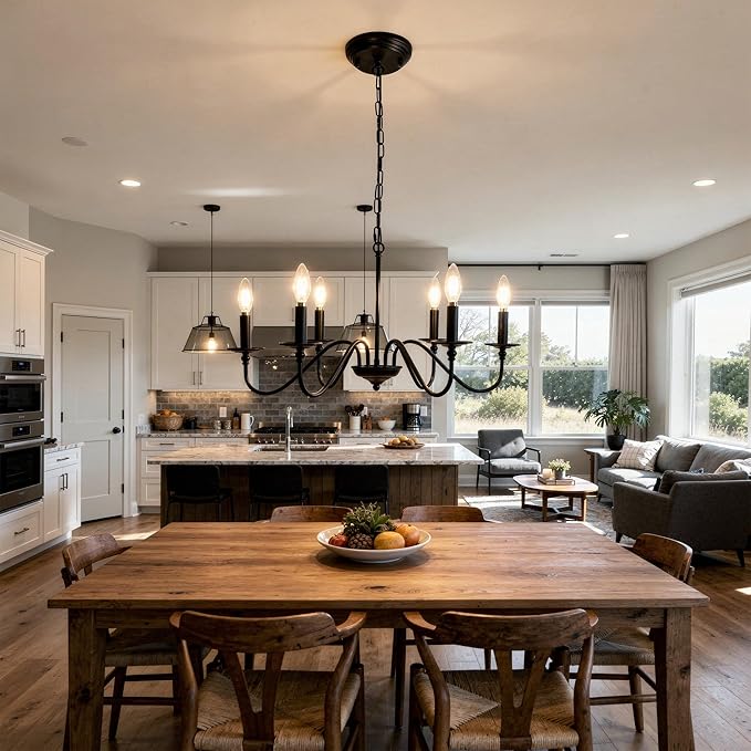 Rustic Farmhouse Candle Chandelier for Dining Room, 6-Light Rustic Black Iron Light Fixture with Classic S-Arm Design for Kitchen Island, Living Room, Foyer-Matte Black