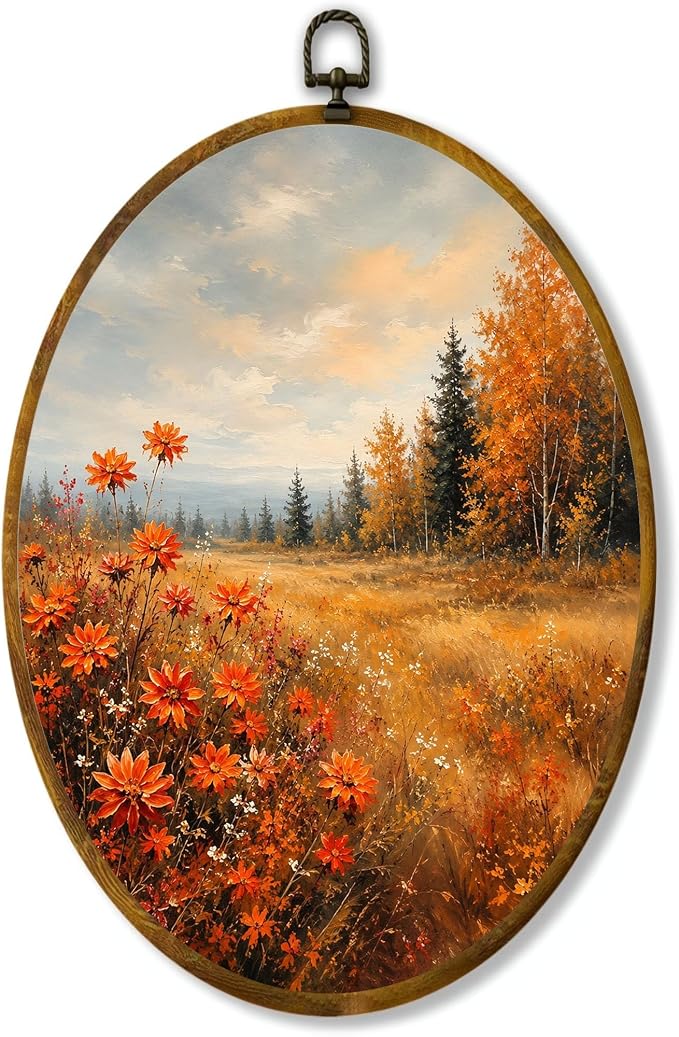 Fall Floral Oval Wall Art, Framed Canvas Decor, 8.5x11.5 Inch | Orange wildflowers, golden meadow, birch trees and rustic autumn landscape decor