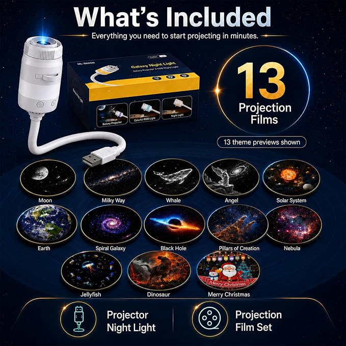 2-in-1 Galaxy Projector Night Light with 13 HD Projection Slides, USB Portable Starry Sky Night Light with 360° Rotation & Dual Auto-Off , Mini LED Ceiling Wall Lamp for Car Decor Bedroom Adults Gifts