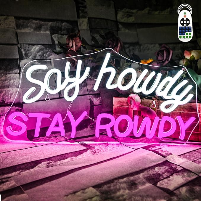 Say Howdy Stay Rowdy Neon Sign Wall Decor Dimmable Neon Light for Man Cave Pub Beer Bar Bedroom Recreation Room Gift
