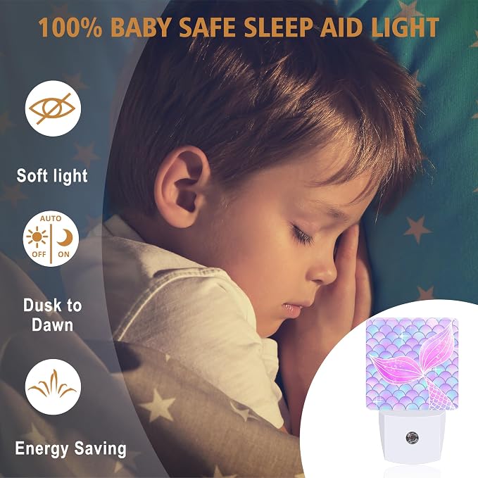 Night Lights Plug into Wall, Mermaid Night Light with Dusk to Dawn Smart Sensor for Bedroom Bathroom Hallway Kitchen, Led Nightlights for Boys Girls Women Men