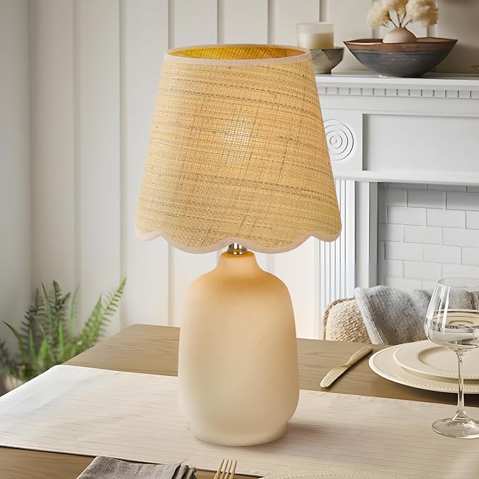 Set of 2 19" Modern Ceramic Table Lamp for Living Room Cream Base Desk Lamps for Bedroom Farmhouse Bedside Nightstand Lamp End Table Lamps,Beige,Rattan Shade