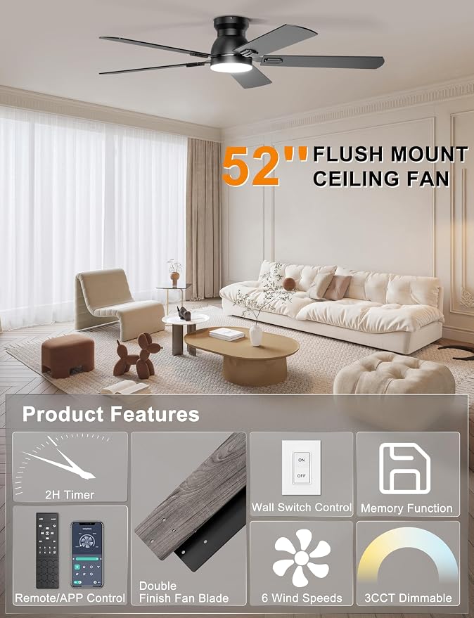 Ohniyou 52'' Low Profile Ceiling Fan with Lights, Remote/APP Control, Black | Flush Mount, Dimmable 3CCT LED, Quiet Reversible DC Motor; Memory Function, 5475 CFM, for Bedroom Living Room Kitchen