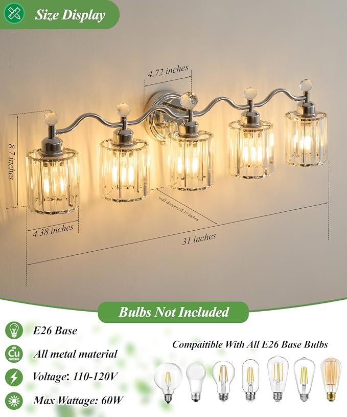 Bathroom Vanity Light Fixtures 5-Lights,Chrome Vanity Lights for Bath, Bathroom Lights Fixture with Clear Crystal Glass Shade, Modern Wall Light Over Mirror, Wall Sconces Light for Hallway