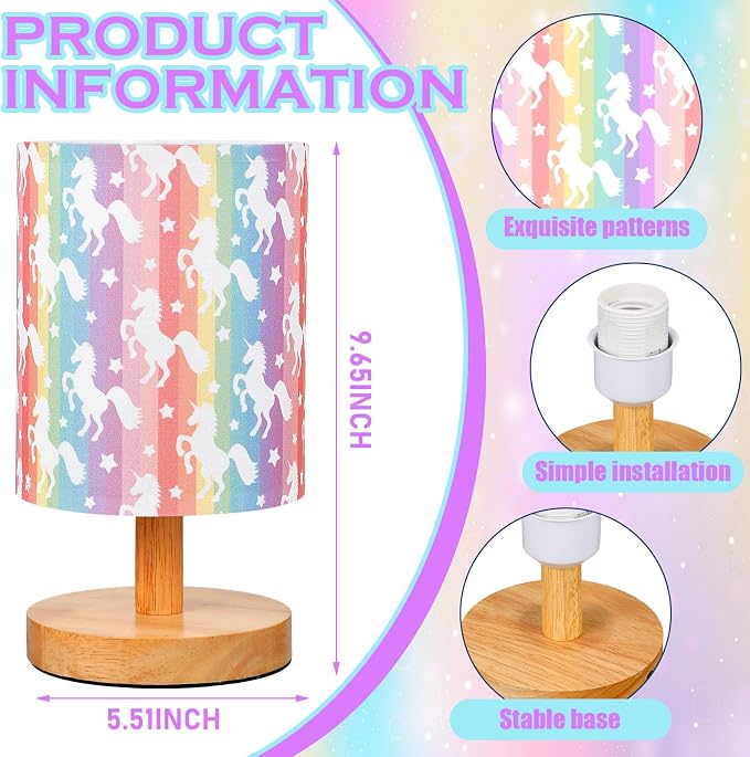 Cute Unicorn Kids Table Lamp for Bedroom Kids Bedside Lamp with Linen Wooden Nightstand Cartoon Nursery Lampshade for Girls Boys Living Room