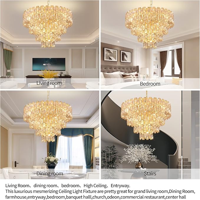32" Luxury Crystal Chandelier for Dining Room, Modern Ceiling Light, French Empire Style with Premium K9 Crystals, Elegant Chrome Finish, Perfect for Living Room or Bedroom, 21-Light Fixtur (Gold)