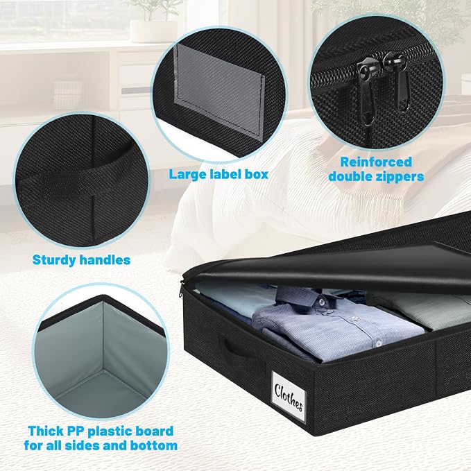 Under Bed Storage Container Bins 2 Pack, 4 Inch Thin Low Profile Underbed Clothes Storage Organizer for Dorm & Home, Use for Blanket and Toy Storage Box W/ Sturdy Bottom/Sides, Foldable Thick Fabric
