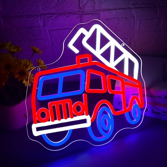 Fire Fighting Truck Neon Sign for Wall Decor Dimmable Fire Truck Neon Light for Man Cave Birthday Gifts for Man Firefighter Fireman LED Sign for Fire Station Garage Bedroom Size11.9 * 11.8In(WZCP210)