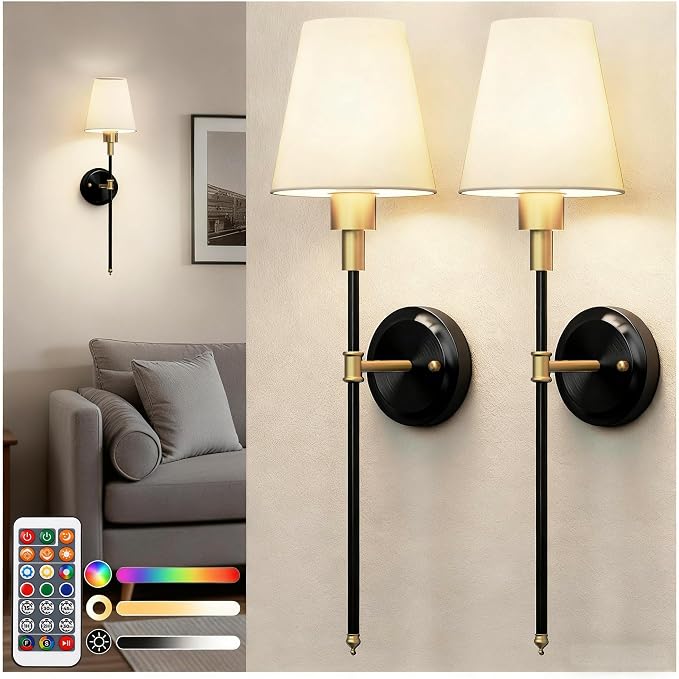 Battery Operated Wall Sconce: Set of 2 Wireless Wall Light 12000mAh | 15 Color Rechargeable Wall Sconces, Sconce Wall Decor Set of 2 for Bedroom, Living Room, Gold and Black, 24.6in