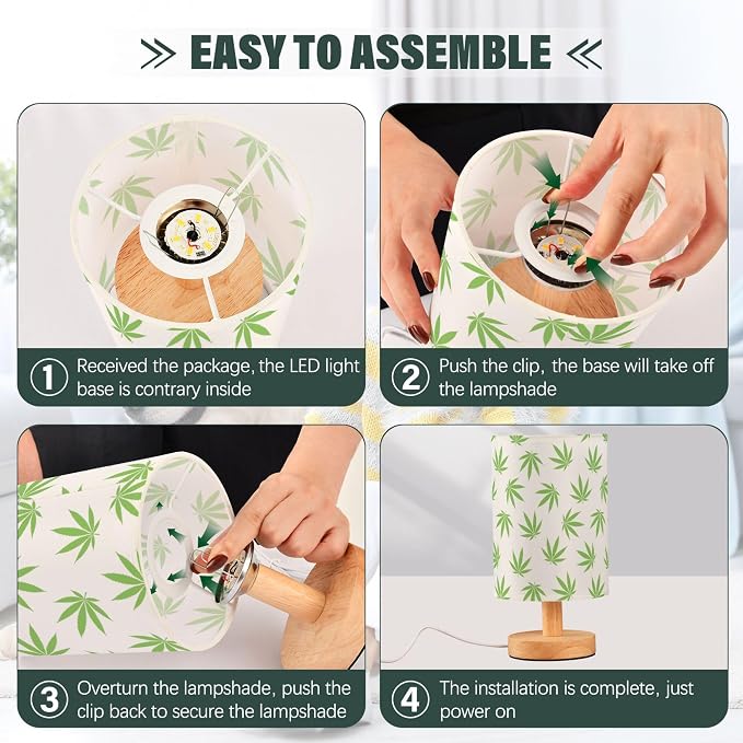Table Lamp Green Marijuana Leaf Cannabis Weed Leaves on White Nightstand Lamp with Wood Base Fabric Lamp Shade Bedside Desk Lamp for Living Room Bedroom Kids Room Office