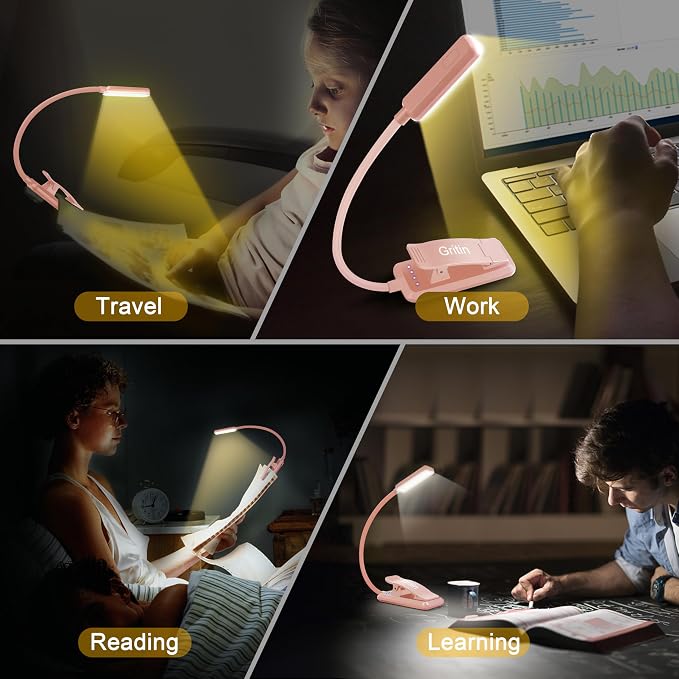 Gritin 9 LED Rechargeable Book Light for Reading in Bed | Eye Caring 3 Color Temps,Stepless Dimming Brightness,80 Hrs Runtime Small Lightweight Clip On Book Reading Light-Pink