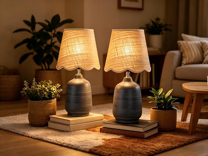 19" Modern Ceramic Table Lamp for Living Room Cream Base Desk Lamps for Bedroom Farmhouse Bedside Nightstand Lamp End Table Lamps,White Striped Black Base,Rattan Shade