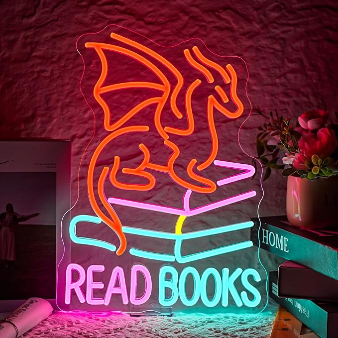 Book Dragon Neon Sign Library Dragon Decor Cool Kids Read Books Reading Corner for Kids Neon Signs for Wall Decor LED Light Library Classroom Book Club Christmas Gift for Teens