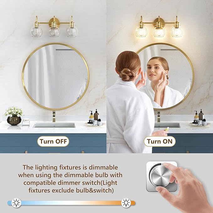 Gold Vanity Light, 3 Light Bathroom Light Fixtures, Modern Bathroom Vanity Lights Fixtures Over Mirror with Clear Globe Glass Shade, Gold Wall Sconces for Bathroom Hallway, E26 Base