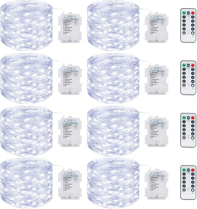 8 Pack Fairy Lights Battery Operated with Remote, Each 39Ft 120LED Battery Powered String Light with Timer, 8 Modes Waterproof Twinkle Christmas Lights for Bedroom Party Indoor Mason, Cool White