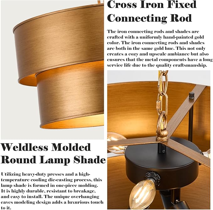 Gold Chandelier Light Fixture, 21" Drum Chandeliers with 2-Layer Antique Bronze Metal Shade, 6-Lights Large Pendant Light Fixture, Chandeliers for Dining Room Bedroom Living Room Kitchen Island Foyer
