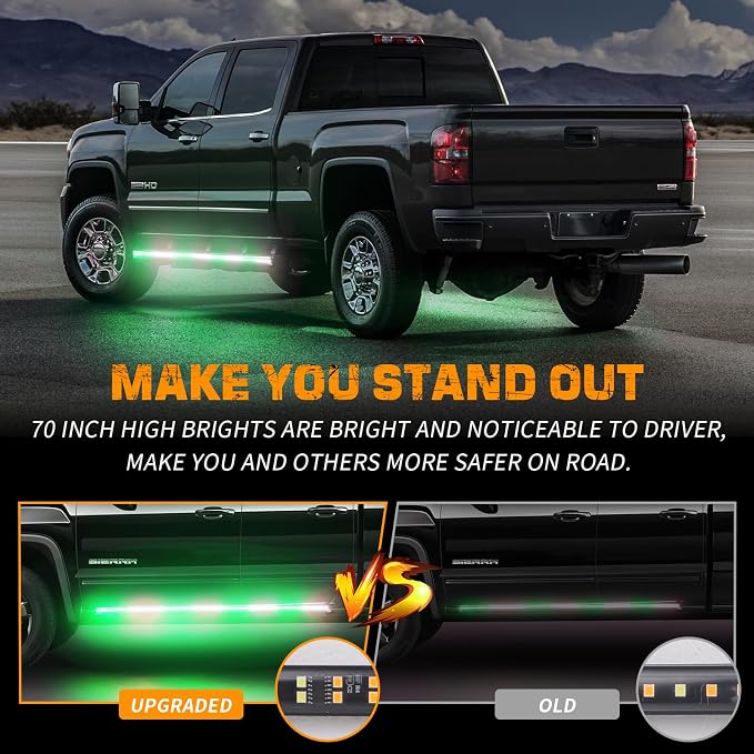 2PCS 70 inch Running Board Strobe Lights 864 LED Emergency Lights | Exterior Green White Flashing Warning Hazard Caution Safety Light Strip for Tow Plow Trucks Construction Vehicles Pickup