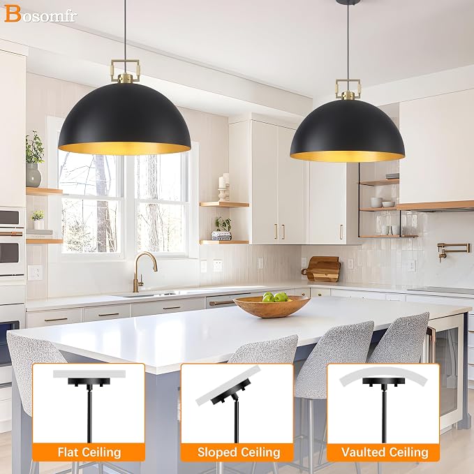 19.7" Vintage Pendant Light Industrial Pendant Light Dome Black and Gold Large Chandelier Light for Kitchen Island, Dining Room, Bedroom,Farmhouse Pendant Lighting