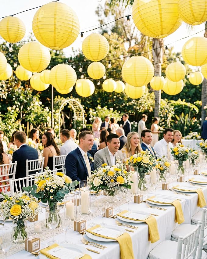 Treela 48 Pcs Paper Lanterns Party Decorations Round,Yellow | Chinese Hanging Lamps, Wedding, Party Supplies, Birthday Bridal, 4/6/8/10 Inch, Easy Setup, Asian Decor, Festive Atmosphere