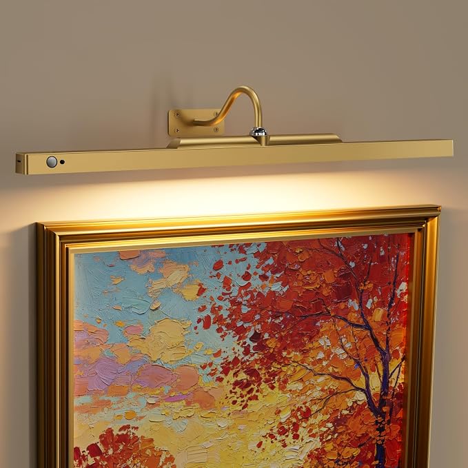 Rechargeable Motion Sensor Picture Light for Wall, 24 Inch, Brass, 1 Pack | 6000mAh Battery, Cordless, Magnetic Detachable Bar, Rechargeable, Remote Control, 3CCT Dimmable, for Artworks/Photos