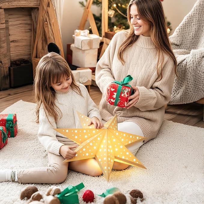 Lewondr Christmas Paper Star Lantern 3 Pack, Hanging 7-Pointed Star Lights with Hollowed Stars, LED Paper Lanterns with 6H Timer for Holiday Home Decoration, with Remote Control, Warm Light