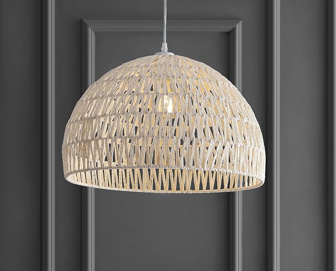 JONATHAN Y Campana 1-Light Pendant Dome Ceiling Lamp, 20", Cream | Modern Coastal Farmhouse Decor, Adjustable Height, Woven Rope Metal Frame, LED Bulb Included, UL Listed