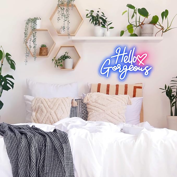 Hello Gorgeous Neon Signs for Wall Decor with Heart, Blue Hello Gorgeous LED Sign Lights for Bedroom Dorm Salon Wedding Party, Cute Makeup Dressing Beauty Room Decor, Preppy Girls Woman Cave