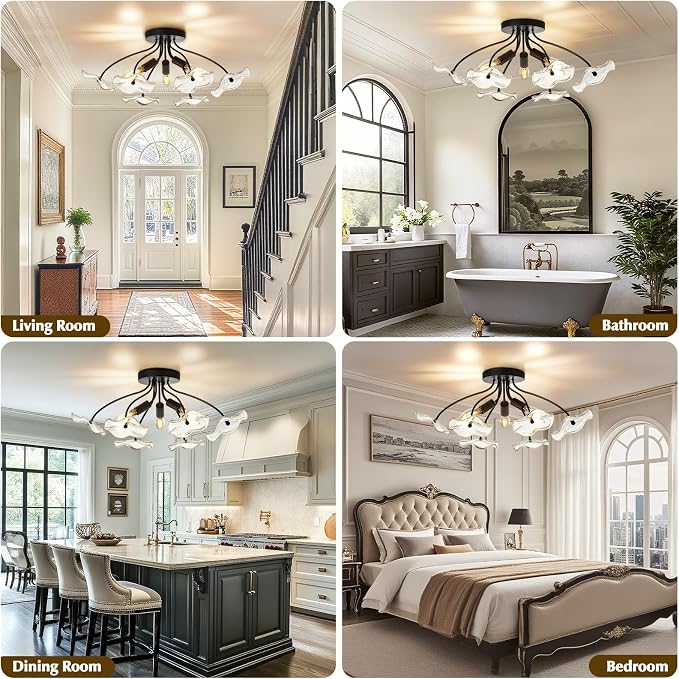Luvkczc Semi Flush Mount Ceiling Light, Modern Glass Ceiling Light Fixture, Vintage Black Lighting for Kitchen Entryway Hallway Bathroom Bedroom Foyer, 3 Light E12 Socket