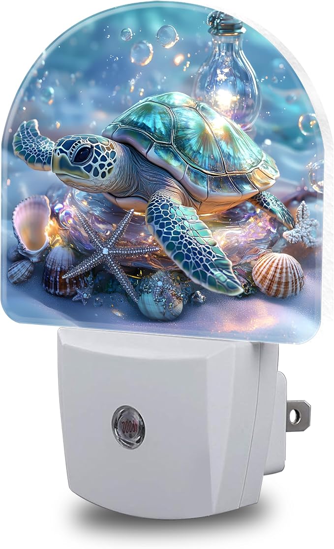 Ocean Animal Night Light, Sea Turtle and Seashell Night Lights Plug into Wall Dusk to Dawn Sensor Round Nightlight for Women Men Energy Efficient Led Lamp 0.5W for Stairway Hallway Bedroom