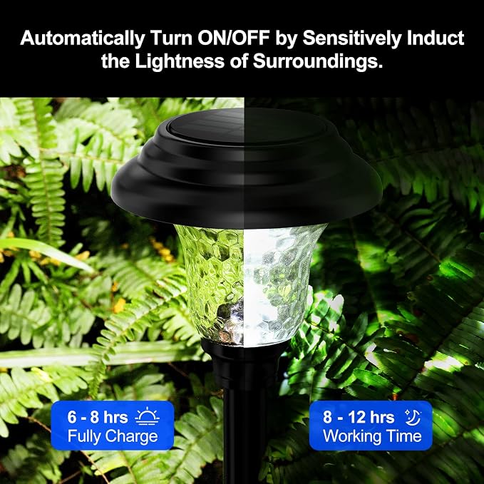 Glass Solar Lights Outdoor waterproof, 8 Pack Super Bright Solar Pathway Lights, Up to 12 Hrs Long Last Auto On/Off Garden Lights Solar Powered, Stainless Steel LED Light For Yard Landscape Cool White
