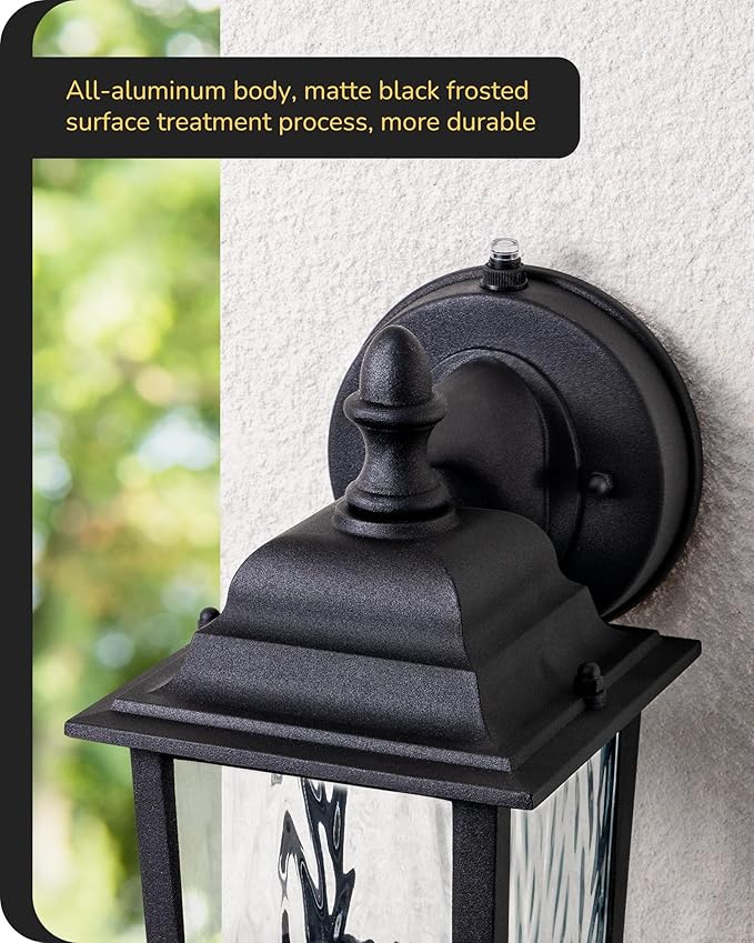 EDISHINE 2 Pack Outdoor Wall Lights, Modern Dusk to Dawn Black Porch Light | Clear Water Ripple Glass, Anti-Rust Aluminum, Standard E26 Socket, Waterproof Exterior Lighting Fixtures for Front Door