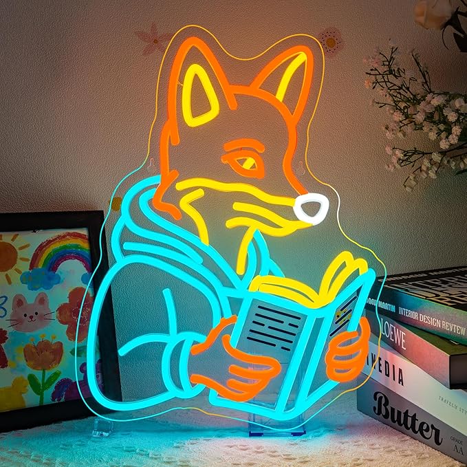 Fox Reading Book Neon Sign Animal Books Neon Wall Decor Colorful Neon Lights for Library Bookshelves Classrooms Bedrooms Wall Art Decoration Classroom LED Light Sign Art Gifts for Book Lovers