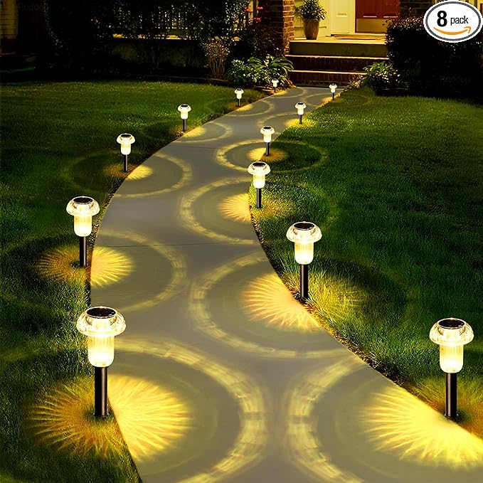Priddop 8 Pack Solar Garden Lights Outdoor Waterproof 3000K Warm White LED | Auto On/Off Mushroom Stake Lights for Yard Patio Lawn Driveway Walkway Pathway Decor, Acrylic/ABS Landscape Path Lights