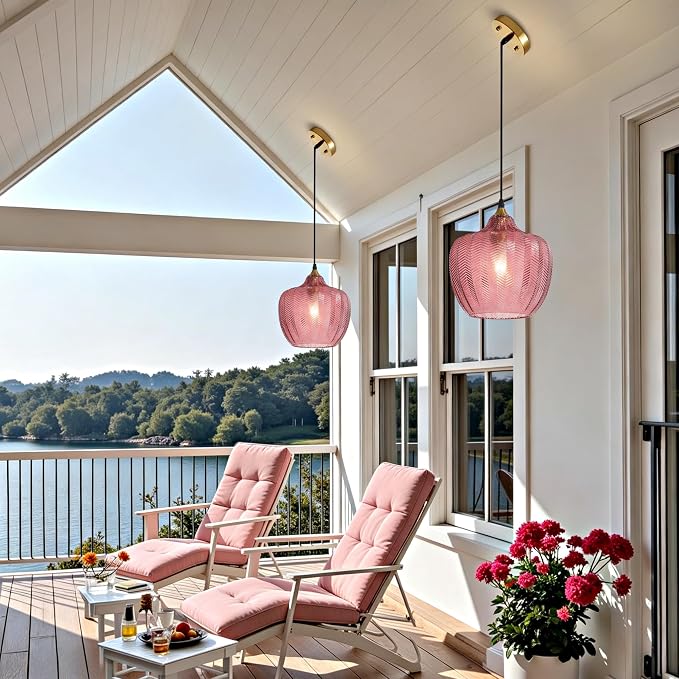Pink Glass Pendant Lights Kitchen Island Gold Hanging Ceiling Light 9.45" | 1 Pack, Adjustable height, Dimmable, E26 bulbs, Rust-resistant Damp Rated For Bathrooms, 5-Year Warranty, UL Certification